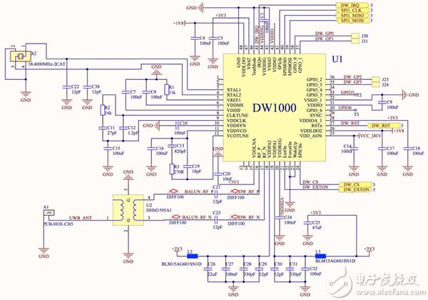 Decawave DW1000 transceiver (click to enlarge) Decawave DW1000 收發(fā)器示意圖(點(diǎn)擊放大)