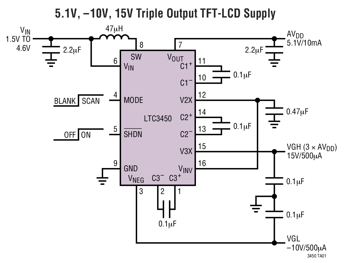 LTC3450 用于小型 TFT-LCD 顯示器的三輸出電源