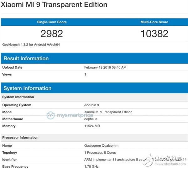 小米9透明版跑分曝光 预装基于Android9的MIUI系统内建12GBRAM