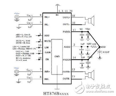 HT876 两节锂电池串联立体声2x10W音频放大解决方案