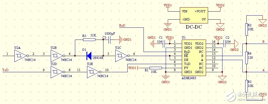 基于74HC14芯片与ADM2483芯片实现RS-485接口的信号隔离自收发设计