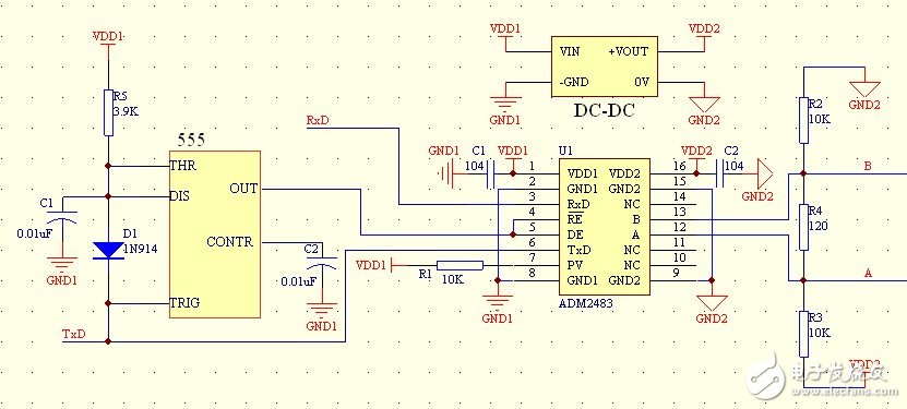 基于74HC14芯片与ADM2483芯片实现RS-485接口的信号隔离自收发设计