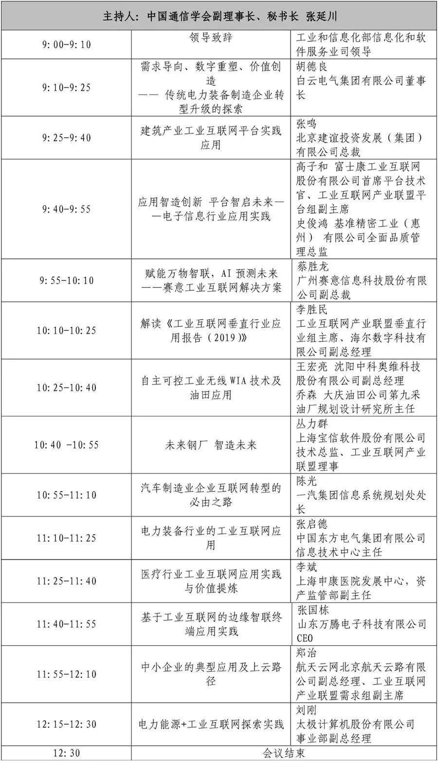 2019年工业互联网峰会议程