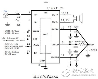 HT876 两节锂电池串联立体声2x10W音频放大解决方案