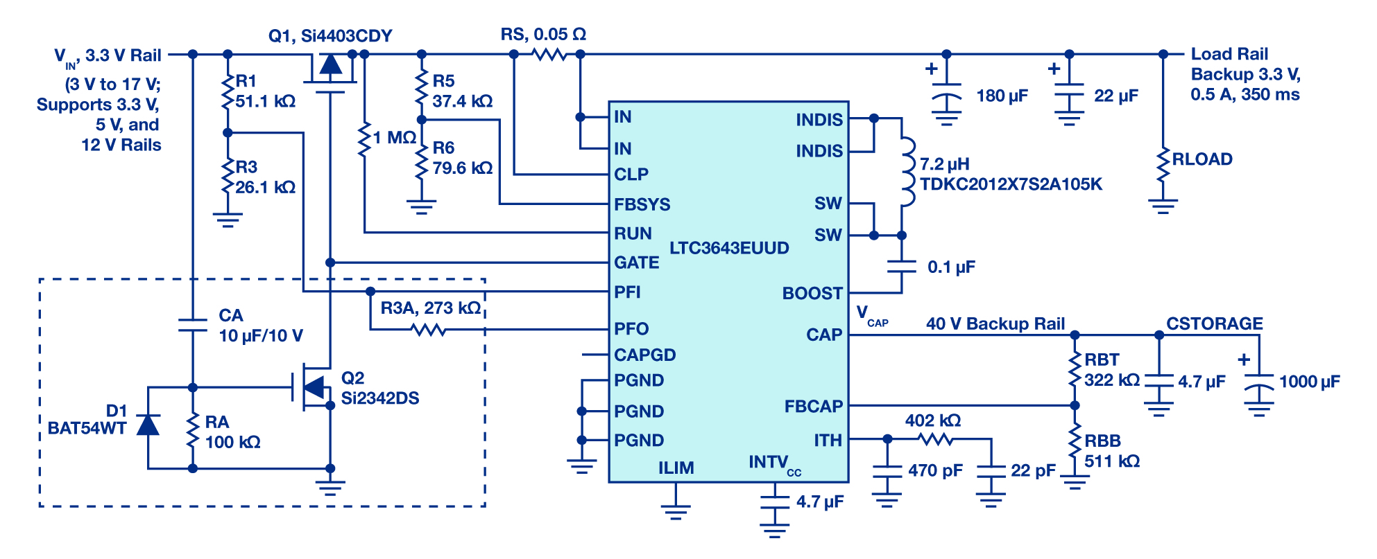 应用3.3 电压的LTC3643电源备用解决方案