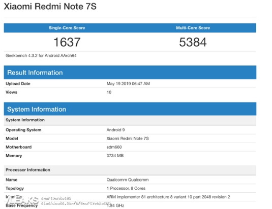 红米Note 7s跑分数据曝光单核性能为1637分多核性能为5384分