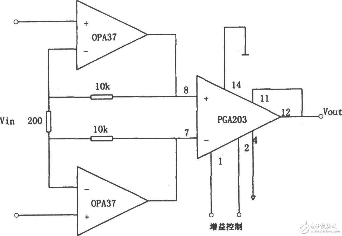 OPA37構成的增益可編程低噪聲差動放大器