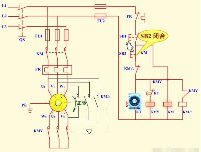 时间继电器自动控制星三角降压启动控制电路