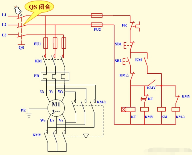 時(shí)間繼電器自動(dòng)控制星三角降壓?jiǎn)?dòng)控制電路