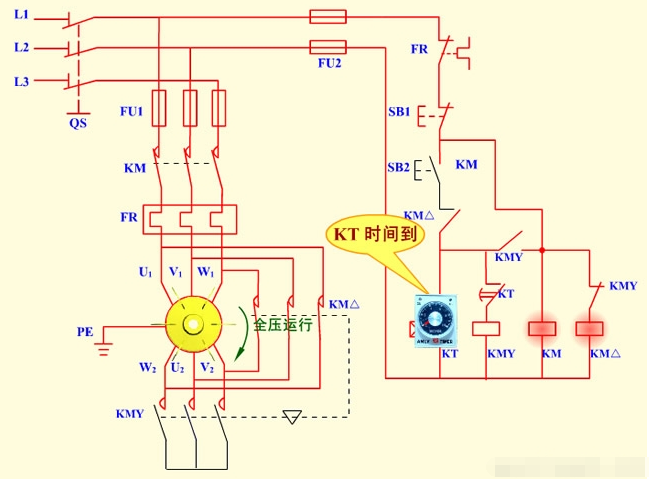 時(shí)間繼電器自動(dòng)控制星三角降壓?jiǎn)?dòng)控制電路