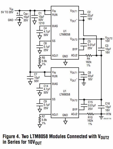 两个或多个隔离式μModule转换器的次级侧串联连接稳定电压和电流输出