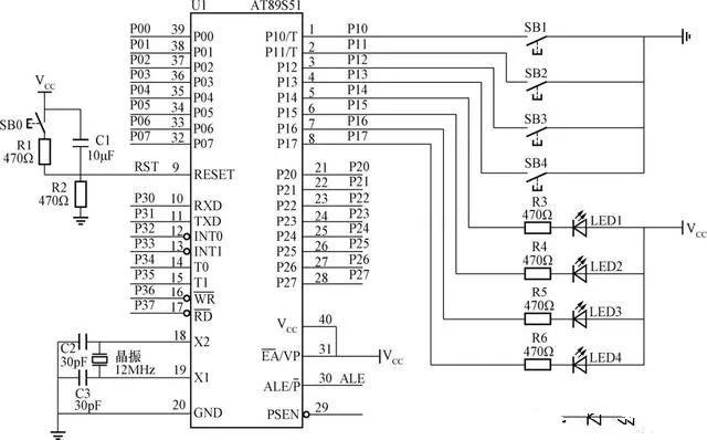 51单片机案例分析：按钮控制灯亮接线原理