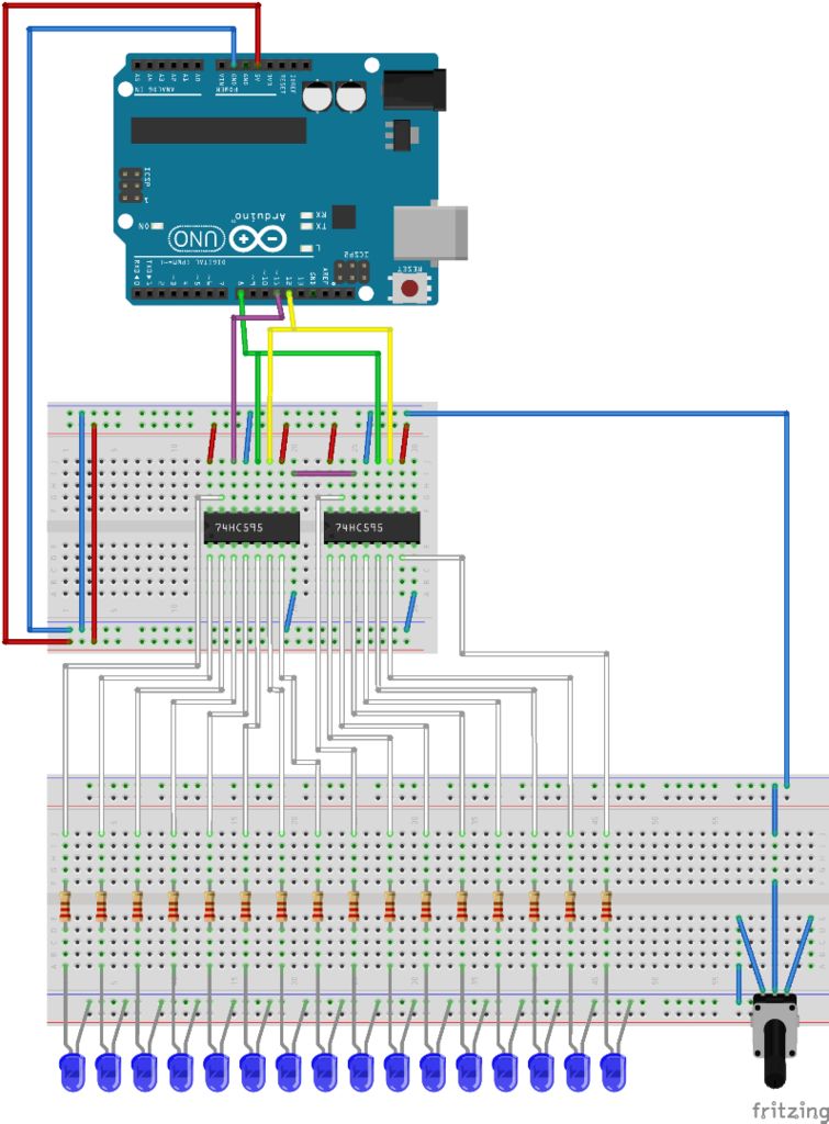 使用两个74HC595移位寄存器的Arduino 16 LED