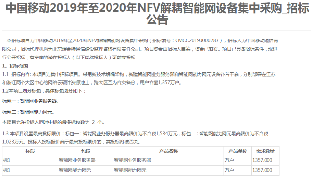 中国移动发布了2019至2020年NFV解耦智能...