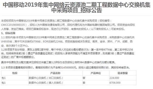 中國移動發布了2019年工程數據中心交換機采購招...