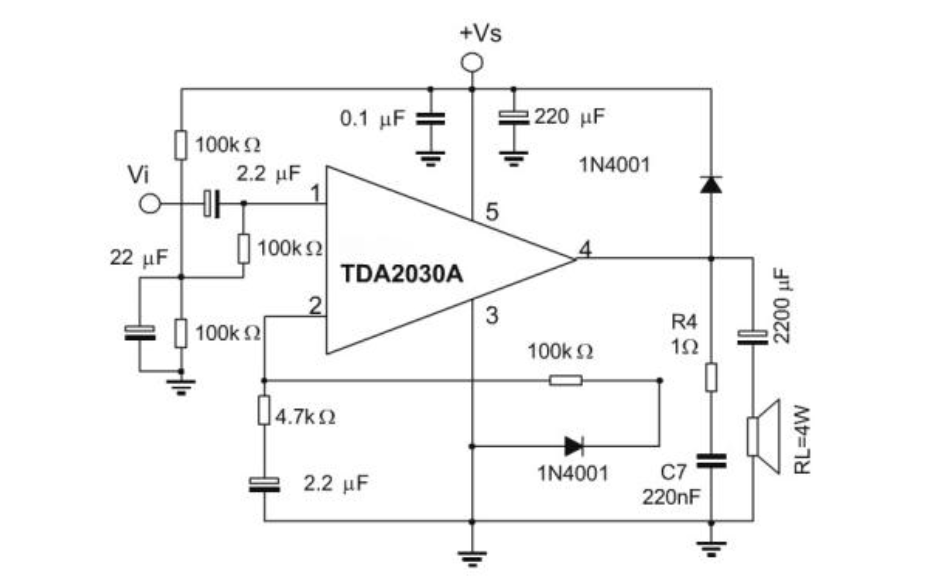 单电源tda2030音频功放电路的电路图和pcb图及工程文件免费下载