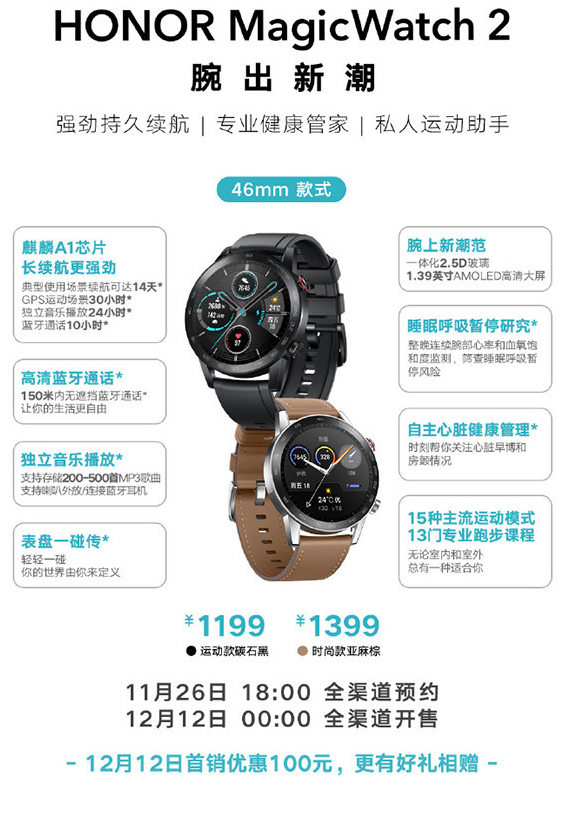 荣耀正式发布了46mm和42mm两种版本的荣耀M...