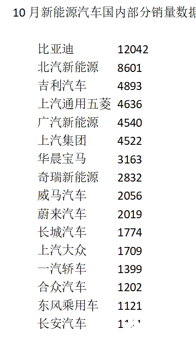 新能源汽车10月销量榜出炉 排名前五的都是国内自...