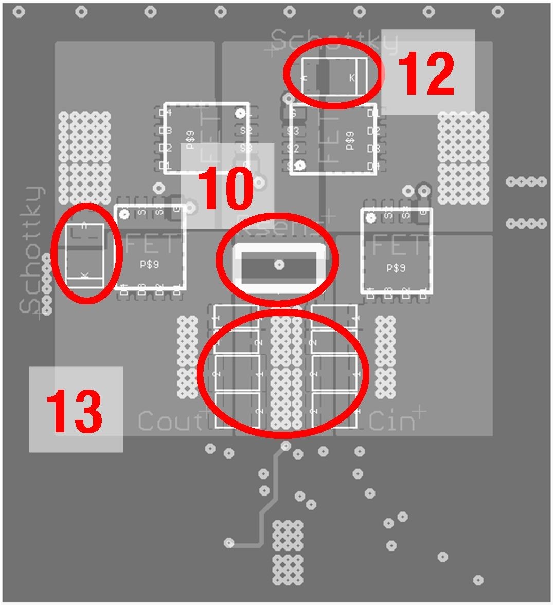图 9：降压-升压转换器的EMC优化底层布局，包括四个功率MOSFET、剩余的滤波电容器、并联电容和续流二极管。