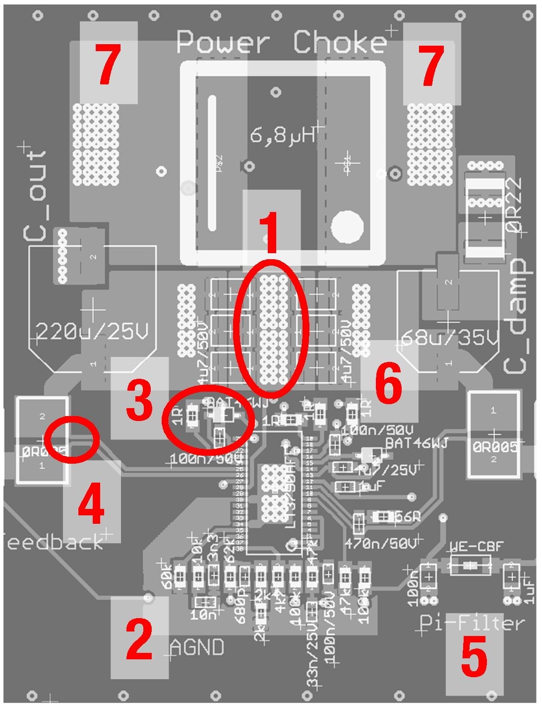 图8：降压-升压转换器的 EMC 优化顶层布局（省略输入和输出滤波器组）。
