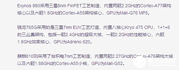 三家厂商芯片Exynos 980/骁龙765G/麒麟810的跑分与性能比较