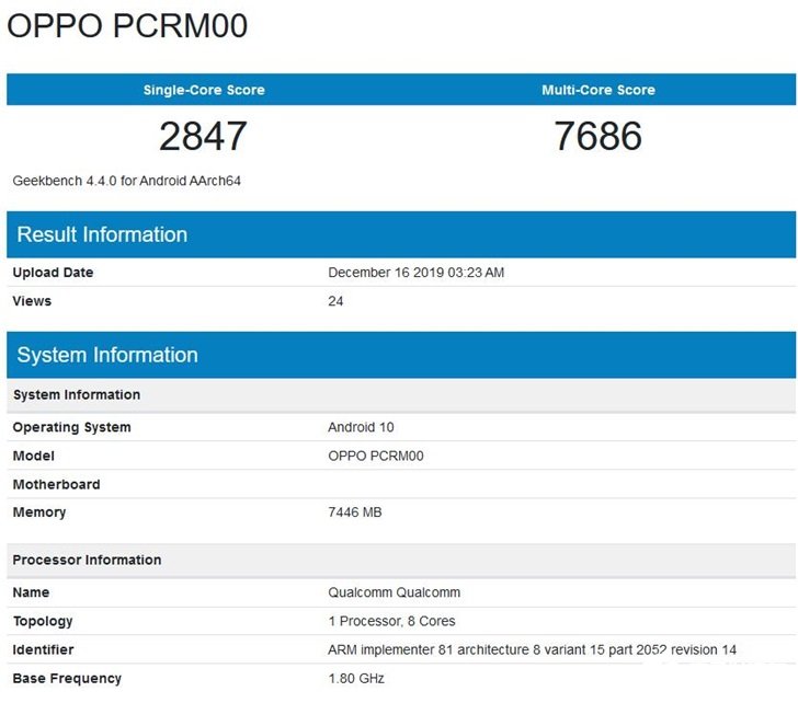 OPPO Reno3 Pro 5G手機的跑分公布，單核2847分，多核7686分