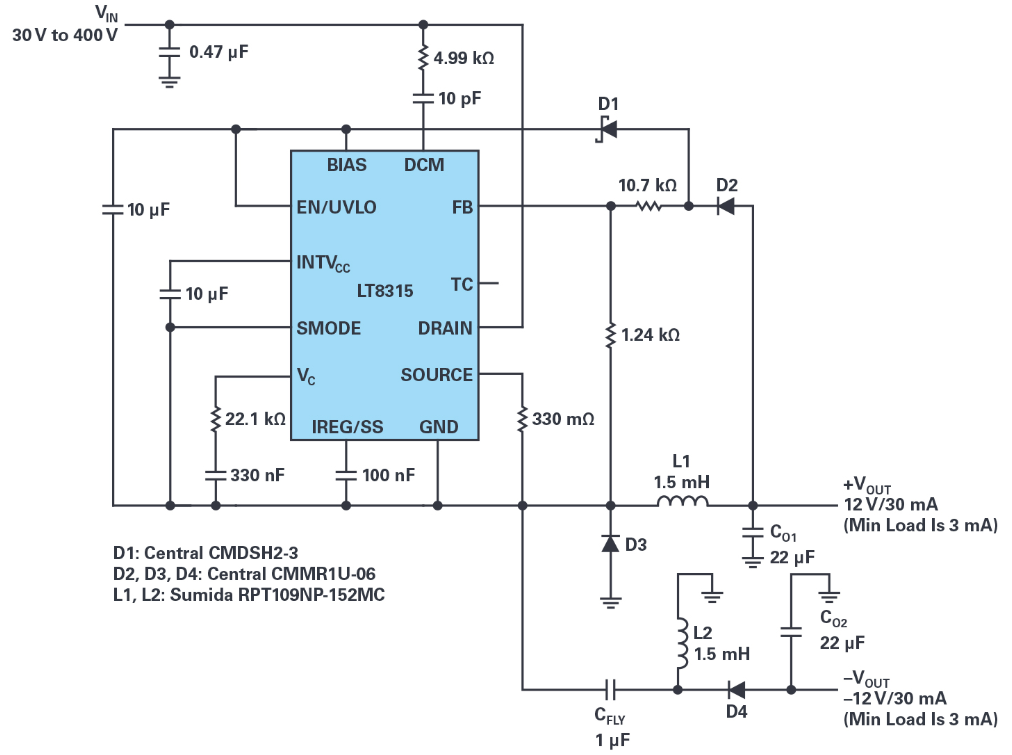 采用單個IC從30 V至400 V輸入產生隔離或非隔離±12 V輸出