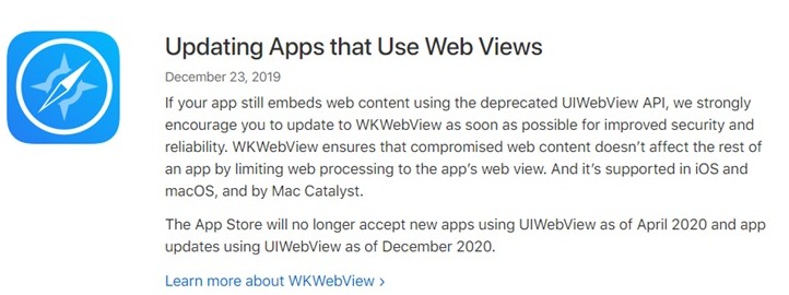 苹果4月起App Store不接受使用UIWebView的新App