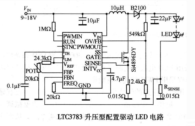 LTC3783的升压型配置驱动LED电路