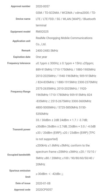 5款realme新机通过认证，型号“RMX2025”为5G手机