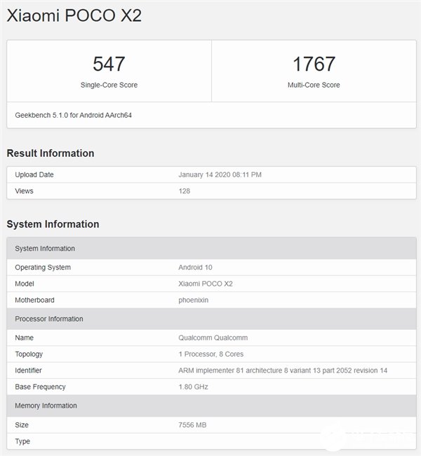 小米POCO X2曝光Geekbench 或为Redmi K30海外版