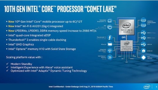 英特尔十代Comet Lake-U系列将支持采用LPDDR4X内存