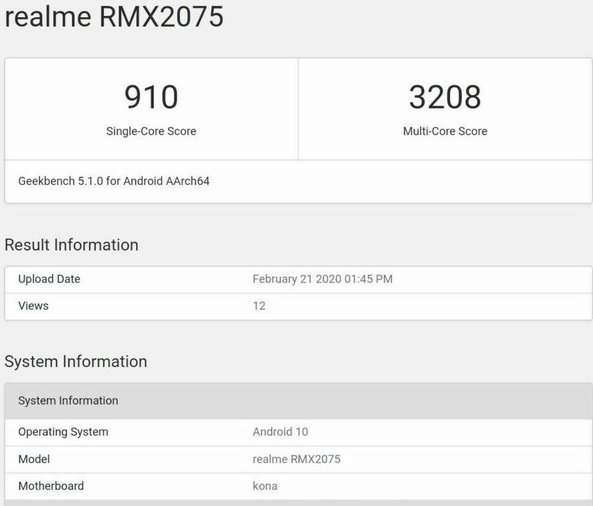 realme新机跑分曝光单核跑分为910分多核跑分为3208分