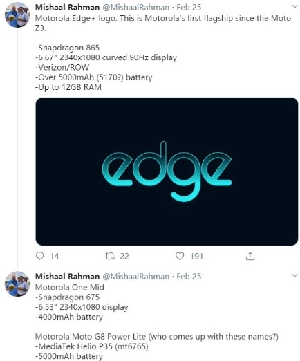 摩托罗拉Edge +曝光,搭载高通骁龙865移动...