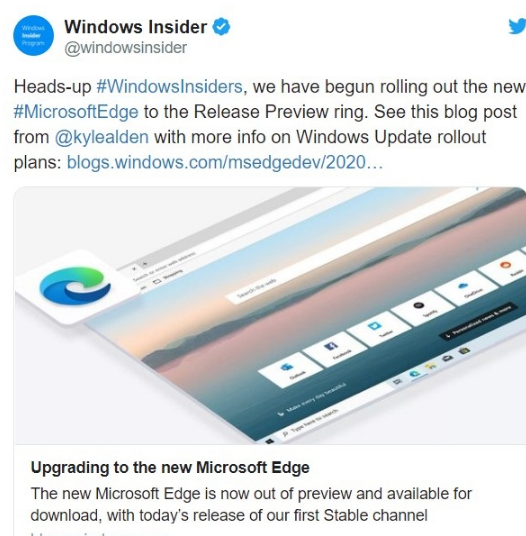 微软开始为Chromium版Edge浏览器自动更新