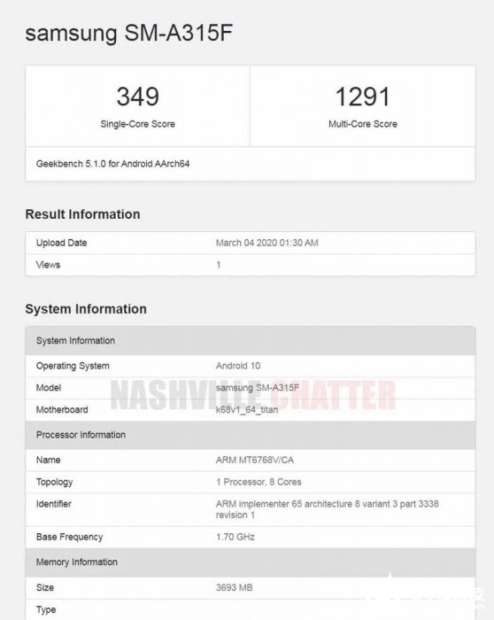 三星Galaxy A31跑分曝光 单核和多核分别...