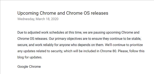 谷歌宣布暂停Chrome浏览器更新 在家办公将成常态