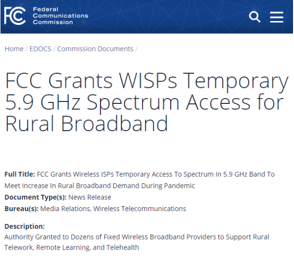 FCC已批准了33个WISP临时使用5.9GHz频段的权限