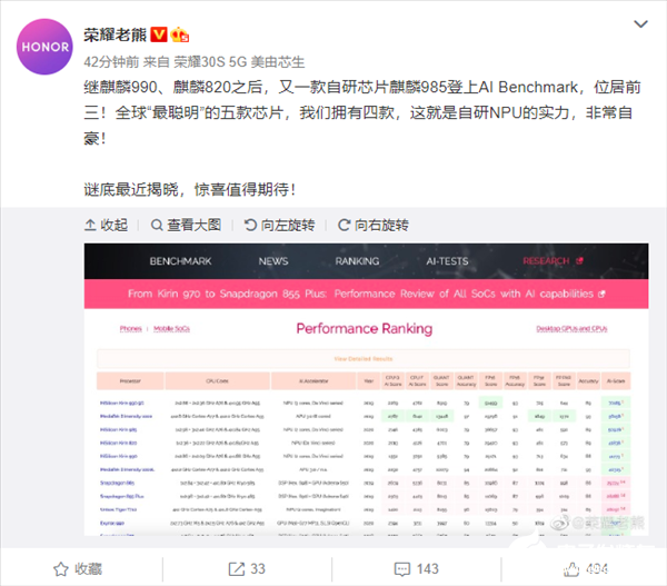 麒麟985 AI跑分公布 排名全球第三