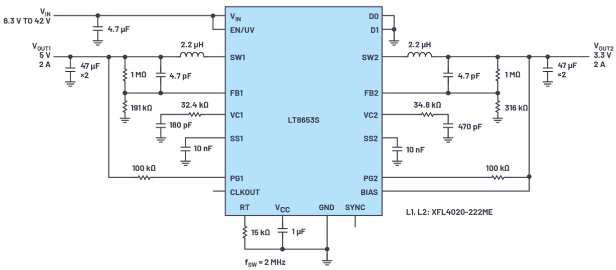 ADI LT8653S具有低EMI、高效率的双通道2 A稳压器