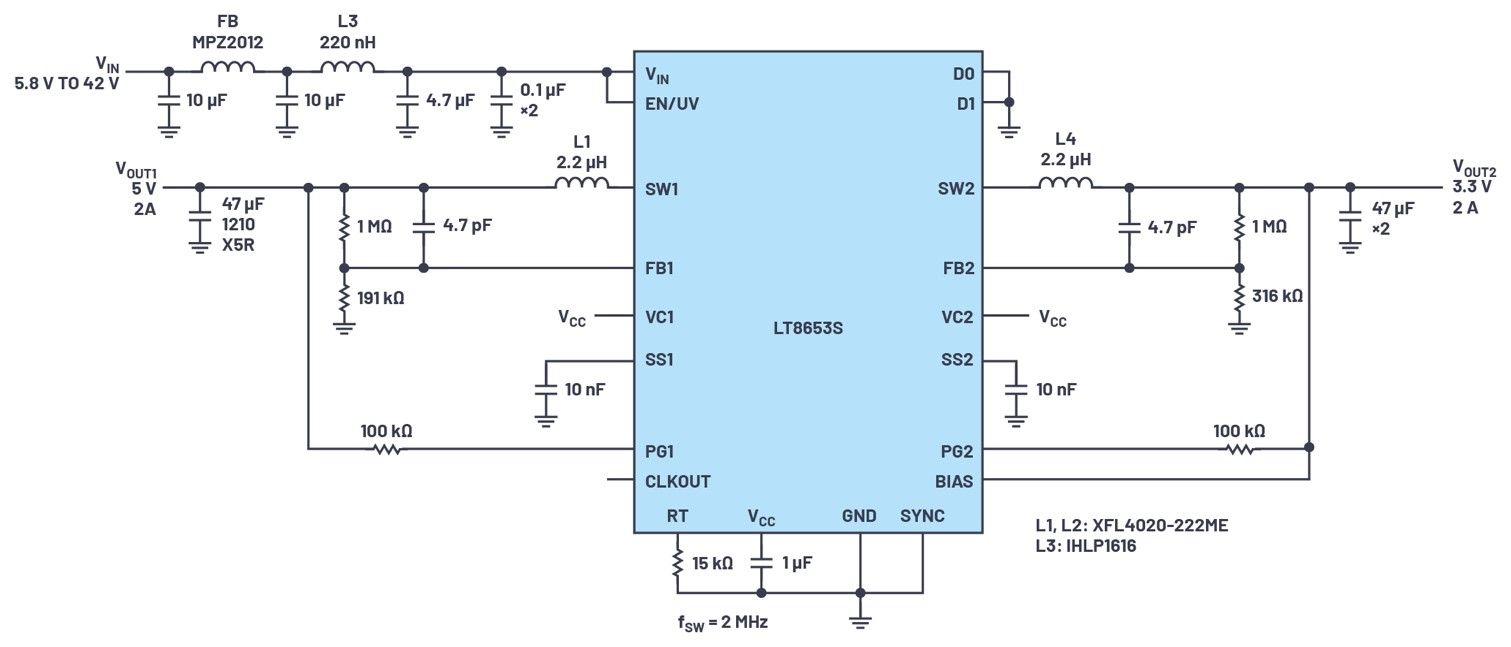 具有6.2 µA静态电流的双通道、42 V、2 A、单片、同步降压型Silent Switcher 2稳压器