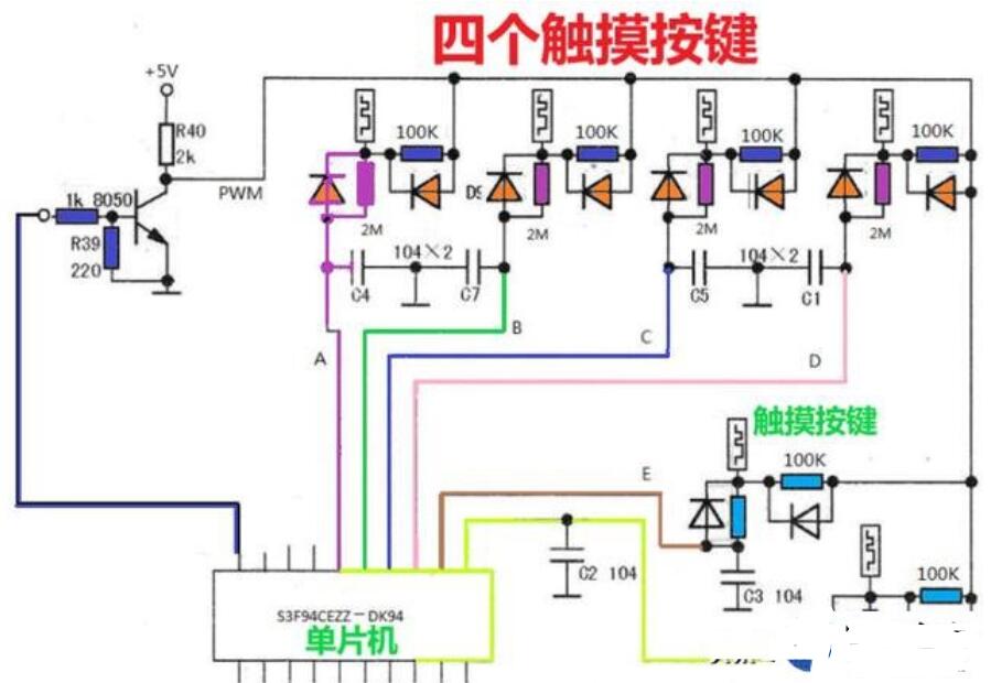 它与触摸弹簧紧密接触,按键的另一端焊接在pcb板上,有的是与微控制器