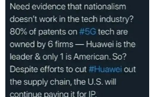 华为在5G领域拥有80%的技术专利,美国也需要向...