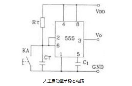 555定时器构成的人工启动式单稳态电路图