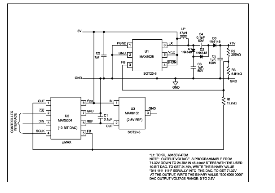 图5. 这个低噪声APD偏置电源的输出电压可数字编程，从25V至71V，步长45mV。