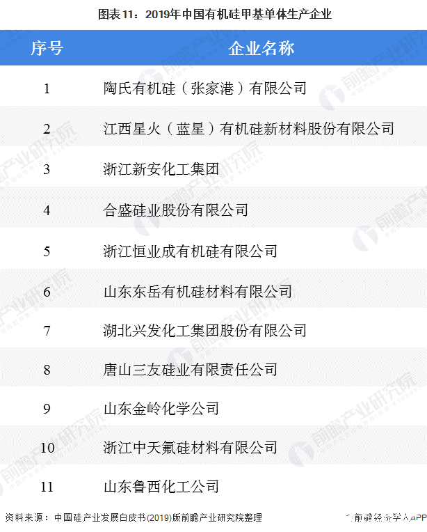  图表11：2019年中国有机硅甲基单体生产企业