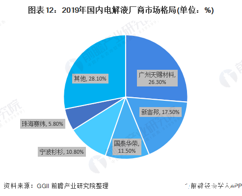 图表12：2019年国内电解液厂商市场格局(单位：%)