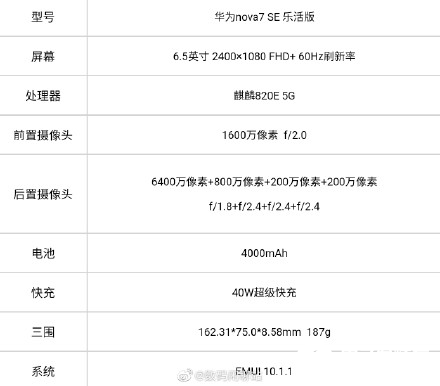 华为nova7se曝光搭载麒麟820e处理器内置4000mah电池支持40w超级快充