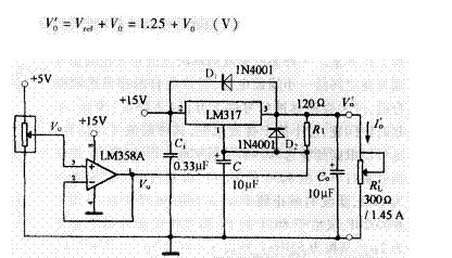 电路的输出电压可写为:lm358为单电源通用集成运放,lm317为正电压可调