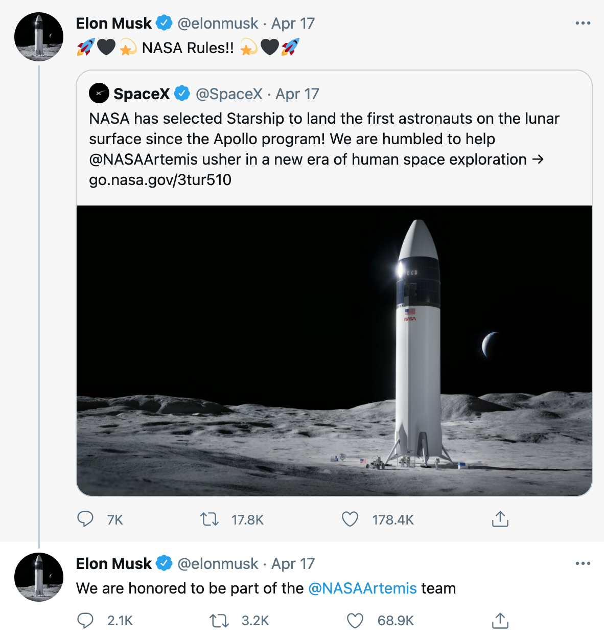 对此,elon musk也发推特表示spacex很荣幸成为nasa artemis团队的一